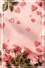 Romantic soft pink background with delicate glitter hearts and freshly bloomed pink roses scattered across the scene, capturing the essence of Valentine's Day mood, with a warm and inviting ambiance