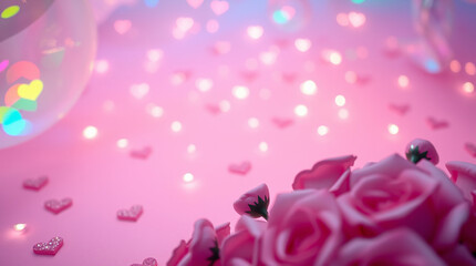 Romantic soft pink background with delicate glitter hearts and freshly bloomed pink roses scattered across the scene, capturing the essence of Valentine's Day mood, with a warm and inviting ambiance