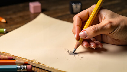 Hand holding yellow pencil while drawing on blank paper  