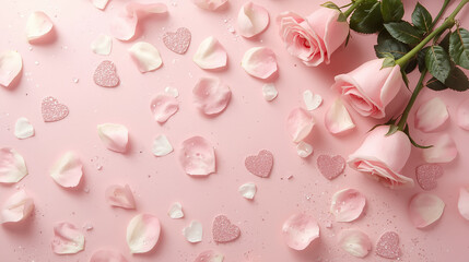 Romantic soft pink background with delicate glitter hearts and freshly bloomed pink roses scattered across the scene, capturing the essence of Valentine's Day mood, with a warm and inviting ambiance