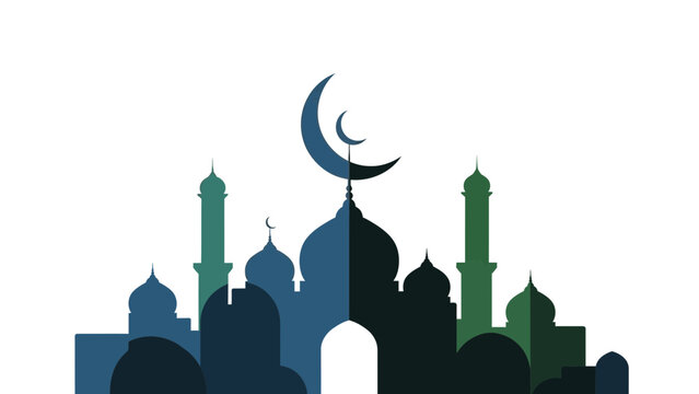 A serene silhouette of a mosque cityscape with crescent moons at dusk, symbolizing faith and spirituality in a peaceful islamic