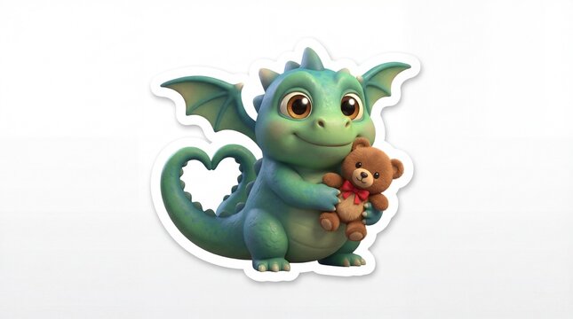 Cute baby dragon sticker set with emotions and activities, 3D cartoon character on white background