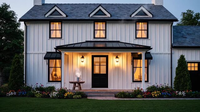 Farmhouse exterior glows with porch lights at twilight evening. White farmhouse with garden flowers and lawn. House shows warm window light at dusk. Exterior with porch lantern and awning lit.