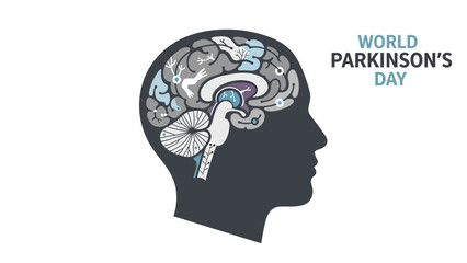 World parkinson's day awareness illustration with human head and brain showing neurological elements and symbols on white with neurology