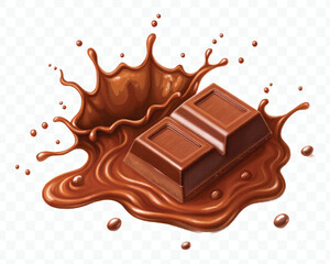 realistic 3d dark chocolate bar with chocolate cream splash in different style isolated on transparent background