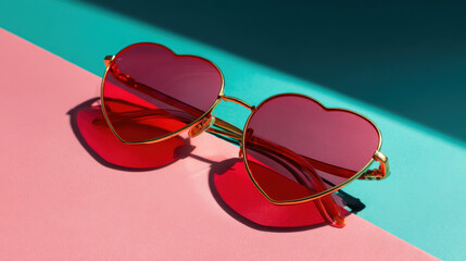 Heart shaped sunglasses with red lenses on a pink and teal background in bright sunlight creating a bold valentine fashion accessory concept