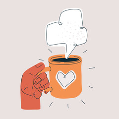 Cartoon vector illustration of a hand holding a cup of tea, metaphor of warmth, pause, and quiet comfort