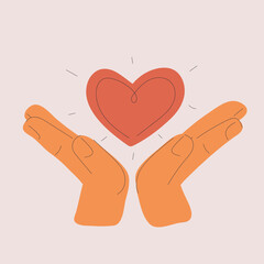 Cartoon vector illustration of a heart in hands, metaphor of care, love, vulnerability, and emotional protection