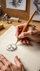 Artist sketching a face with pencil on drawing paper in studio  
