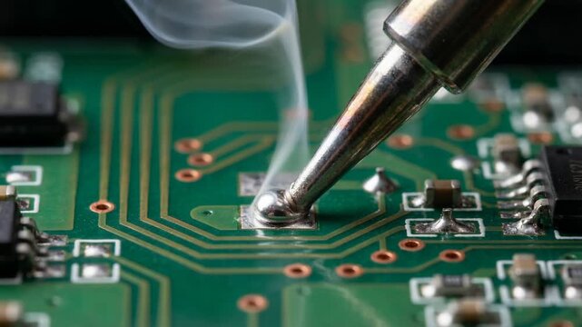 Soldering iron melting solder and metal semiconductor circuit board shows hard technology electronic manufacturing with smoke rising from precise