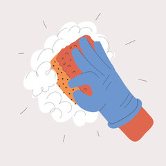 Cartoon vector illustration of a hand in a rubber glove holding a sponge, metaphor of cleaning, care, and responsibility