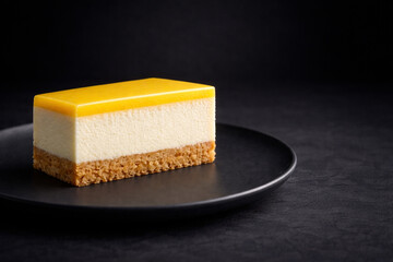 黒いプレートに置いたレモンチーズケーキの美しい断面