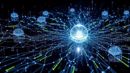 Glowing blue brain network with radiant connections and nodes on dark background representing artificial intelligence and neural interfaces with neural network