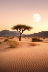 Solitary Tree Under a Full Moon in a Desert Landscape
