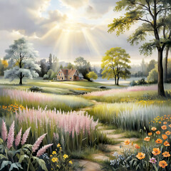 Sunny Meadow Path Leading to a Charming Rural House