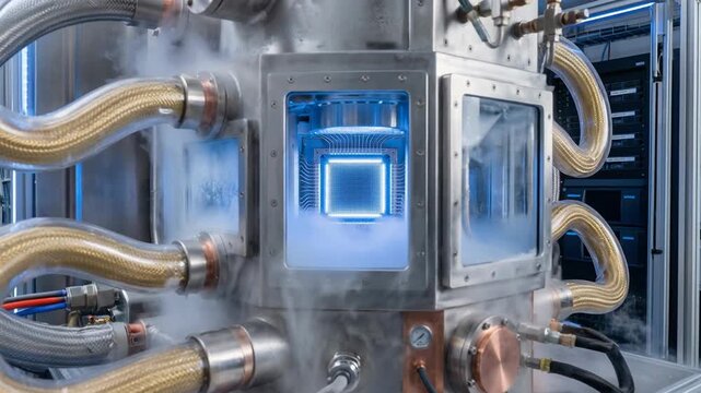Quantum computer semiconductor technology with hard metal cooling system and tubes in advanced laboratory environment showing precision innovation