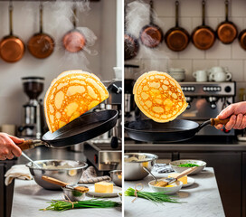 Flipping crepe in kitchen with steam rising from pan