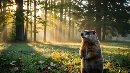 A serene forest scene with a curious animal standing upright on a sunny day