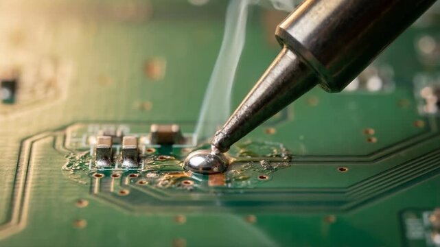 Soldering iron melting hard metal on semiconductor circuit board technology with smoke rising from precise electronic connection detail close up view