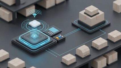 Futuristic technology with glowing blue circuits and wireless connection, cubes on platforms, conveying innovation and automation in a dark background