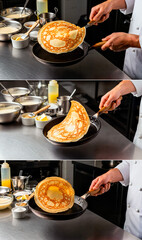 Chef flipping crepe in a professional kitchen with cooking tools  