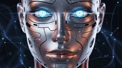 Close up of futuristic robotic face with glowing blue eyes and metallic skin, cybernetic humanoid with digital circuitry, artificial intelligence concept