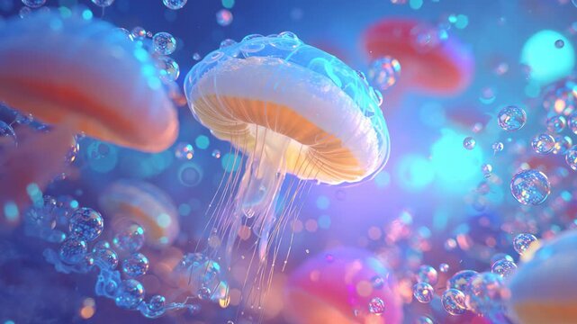 Enchanting scene of several bioluminescent jellyfish floating gracefully underwater