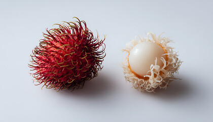 A peeled rambutan reveals its juicy white flesh beside a spiky red shell bursting with tropical allure isolated white background