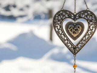 valentine's special Decorative metal filigree heart hanging against a blurred winter snow background