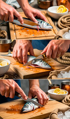 Close-up of hands gutting fish on wooden cutting board with lemon  