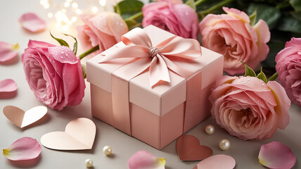 Valentine gift box with pink roses and hearts for romantic celebration and love 