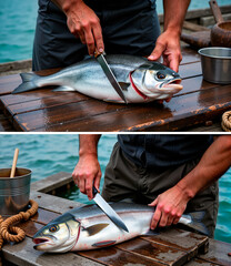 Man gutting fish with knife on wooden table by the water  