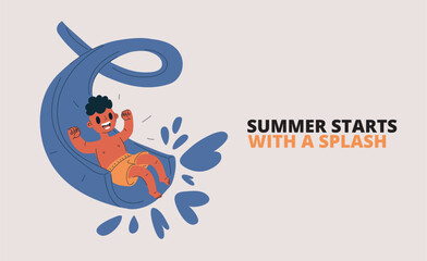Cartoon vector illustration of a boy sliding down a water slide, metaphor of fun, adventure, and playful summer