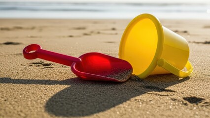 Yellow bucket and red shovel on sandy beach under sunlight
