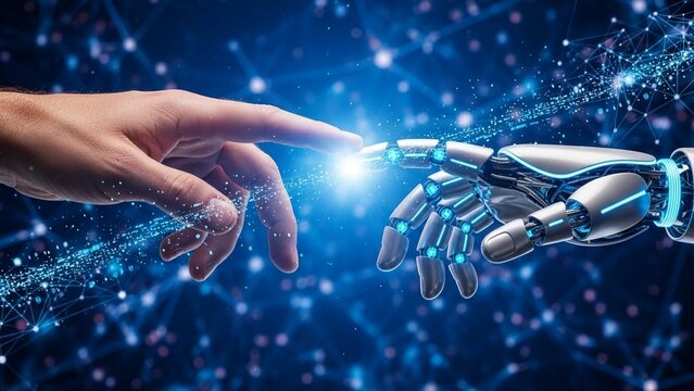 Human hand and robotic hand touching with glowing blue connection in futuristic technology and innovation concept with sparkling particles with robotics - Powered by Adobe