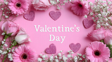 A beautiful Pink Valentine Day celebration with vibrant Gerbera and elegant Roses, adorned with sparkling Hearts and delicate Flowers, symbolizing pure Love and enduring Romance.
