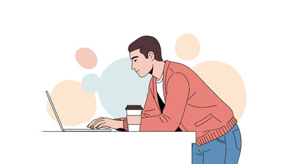Young man working on a laptop at a clean desk with coffee in a modern illustration