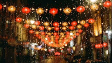 Obraz premium Rainy night view through wet window glass with red and yellow Chinese lanterns and festive street lights blurred into bokeh effect, vintage film grain texture background.