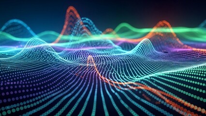 Vibrant multicolored waveform pattern with glowing lines and dots on dark background, technology and data visualization concept with digital