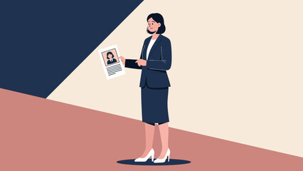 Professional woman holding a resume or CV in a modern office setting with clean design