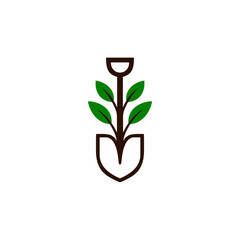 Minimalist shovel with growing plant leaves icon, clean flat vector illustration