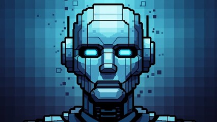 Pixel art blue robot head with glowing eyes and futuristic design elements on a digital background with technology and cyberpunk and android