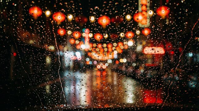 Abstract Night Cityscape through Wet Glass: Vibrant red Chinese lanterns and urban traffic lights blurred by heavy rain and atmospheric bokeh effect.