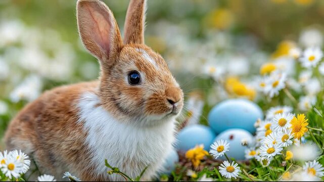 Cute baby rabbit sitting in green grass with blue Easter eggs and daisy flowers during spring season