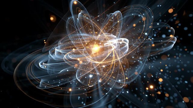 Abstract illustration of the core, representing scientific discoveries, energy and quantum physics. Glowing particles revolve around an atom