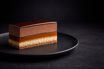 黒いプレートに置いたキャラメルとチョコレートのムースケーキ