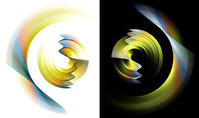 Abstract wavy and curved blades with yellow, iridescent shades of color, rotate on black and white backgrounds. Set. Icon, logo, symbol, sign. 3D rendering. 3D illustration.