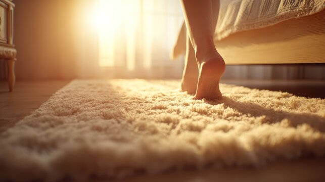 Bare feet walking on a soft rug in a sunlit bedroom near a bed frame and curtains