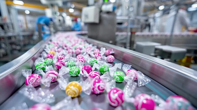 Sweet candy on a production line, with colorful wrapped candies moving along a conveyor belt, showcasing the industrial process