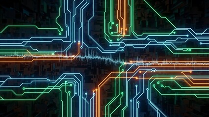 Vibrant circuit board design with glowing neon lines and wires on a dark background, representing technology and innovation with digital and futuristic